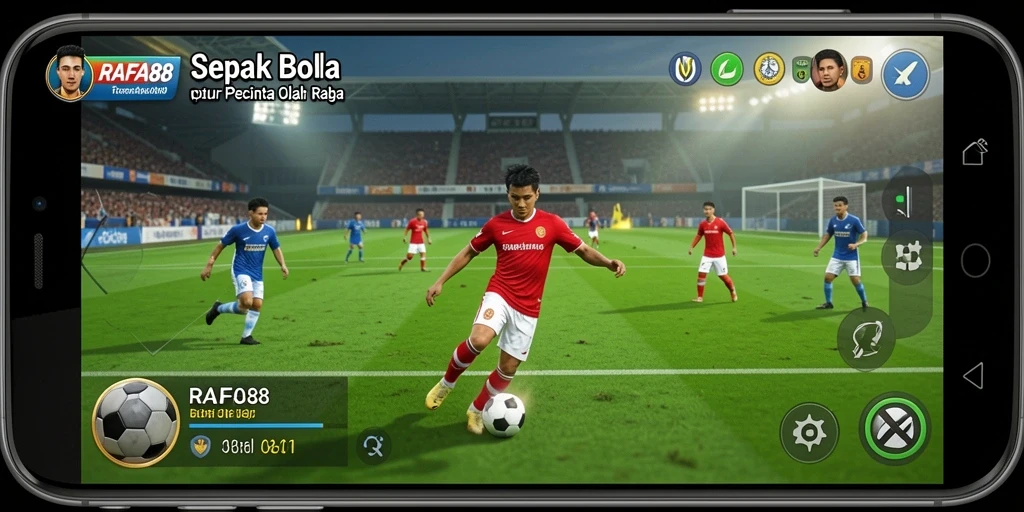 Tampilan gameplay mendebarkan dari RAFA88 yang menggambarkan aksi sepak bola.